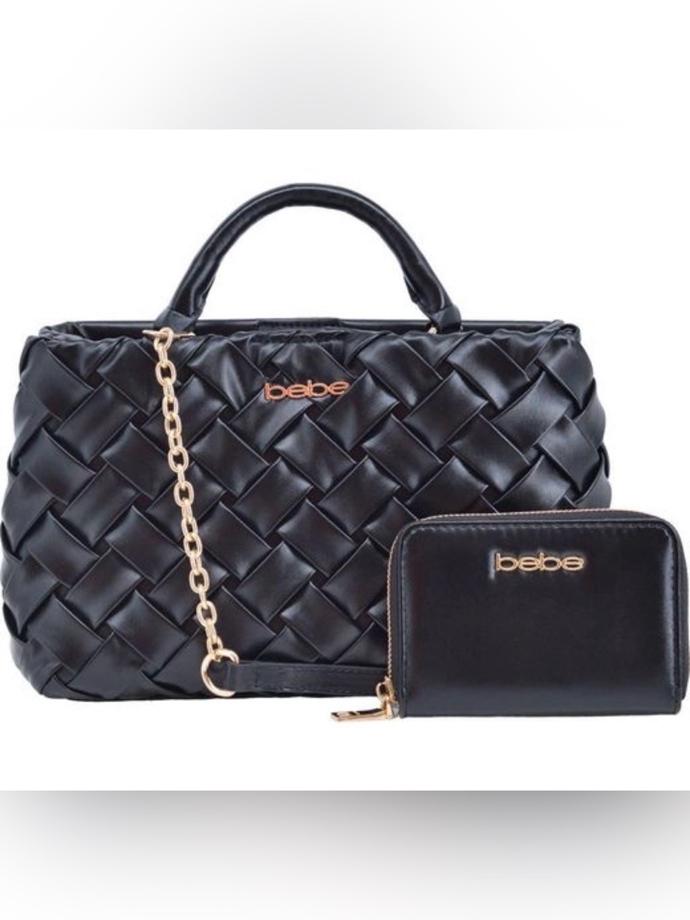 New  "BEBE " Luca satchel in Black Crossbody with Wallet, woven features, gold